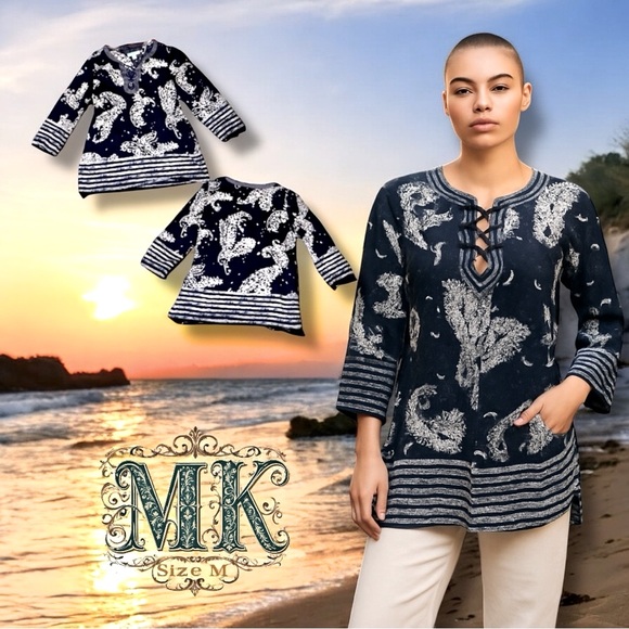MICHAEL Michael KORS Navy Paisley Floral Print Cutout Lace-up Tunic Top Size M - Picture 1 of 16